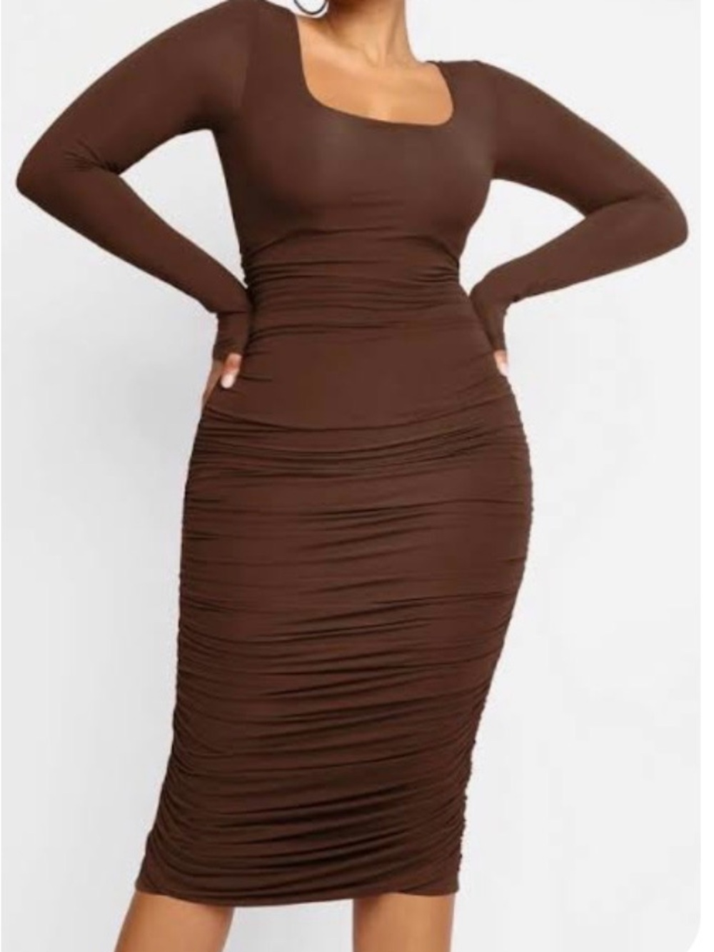 Shapellx Chocolate Brown Long Sleeve Ruched Bodycon Dress Built In Shapewear